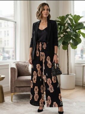 Brand new Palazo Black Wide-Leg Pleated Pants with Peach Floral Print